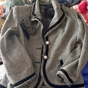 Gray Tweed Blazer with Black Trim